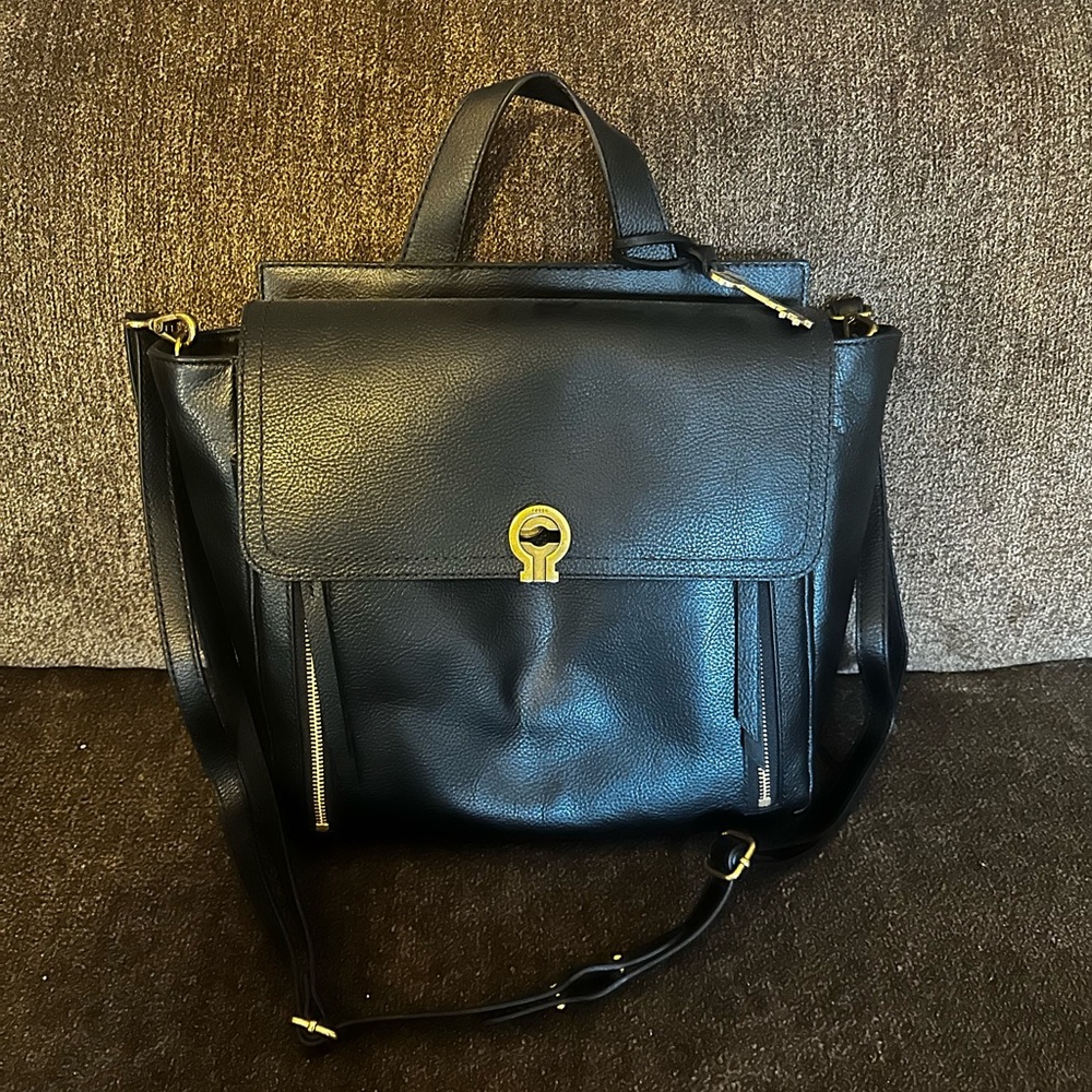 Fossil Black & Gold Leather Amelia Convertible Backpack